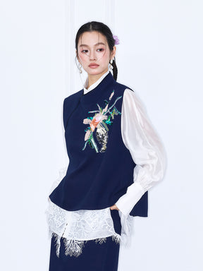 MUKZIN¡°Capsule Collection¡±Navy Chinese Style Vest with Floral Embroidery