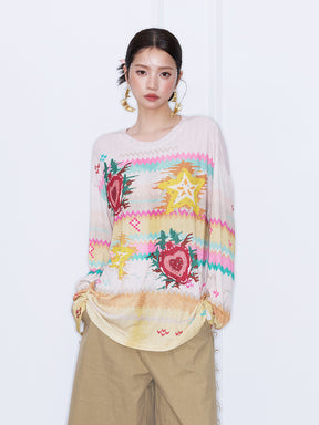 MUKZIN¡°Night Ballad of Chang'an¡±Y2K Star Heart Print Oversized Long Sleeve Tee, Vintage Bohemian Casual Knit Top for Women