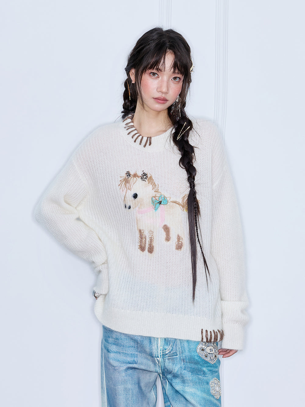 MUKZIN“The Sequence of Deer's Call”Cream White Contrast Trim Pony Decor Oversized Fuzzy Knit Sweater