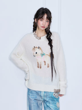 MUKZIN“The Sequence of Deer's Call”Cream White Contrast Trim Pony Decor Oversized Fuzzy Knit Sweater