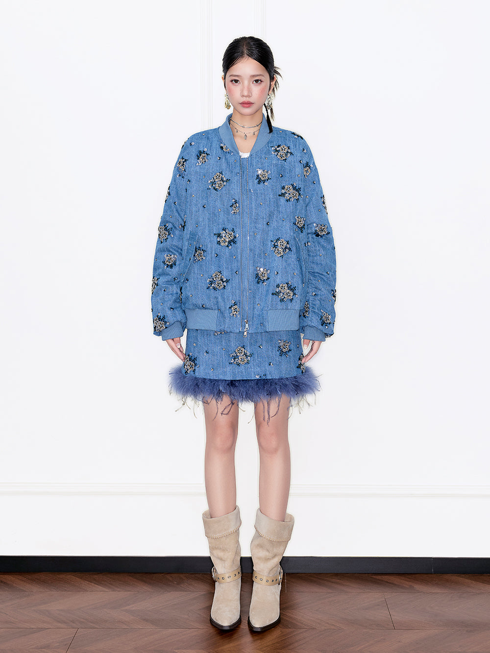 MUKZIN“Capsule Collection”Denim Mini Skirt with Feather Trim & Diamond Floral Details