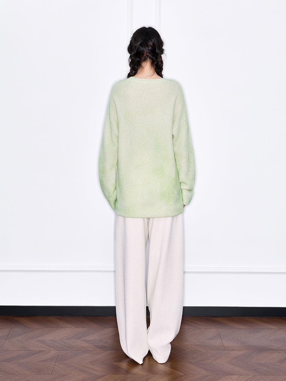 MUKZIN“The Sequence of Deer's Call”Pink/Green Halo Tie-Dye Distressed Decor Oversized Fuzzy Knit Sweater