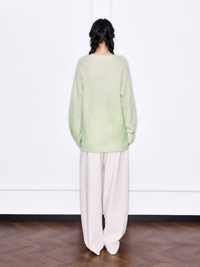 MUKZIN“The Sequence of Deer's Call”Pink/Green Halo Tie-Dye Distressed Decor Oversized Fuzzy Knit Sweater