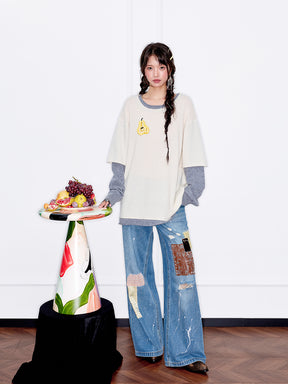 MUKZIN“Capsule Collection”Elegant Color - Blocked Fruit Embroidery Fake Two - Piece Sweatshirt