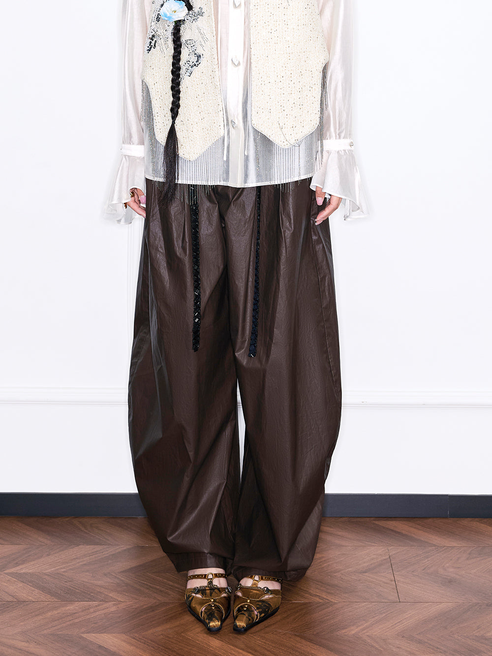 MUKZIN“Realm of Ethereal Mist”Dark Mocha Drawstring Waist Wide-Leg Pants