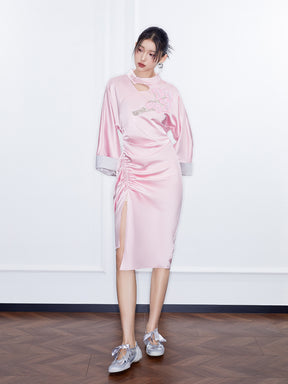 MUKZIN  SpringPrelude"Wind in the Pines" New Chinese-style Satin Cheongsam Skirt with Waist Gathers