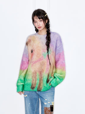 MUKZIN“The Sequence of Deer's Call”Rainbow Gradient Tie-Dye Pony Pattern Oversized Fuzzy Knit Sweater
