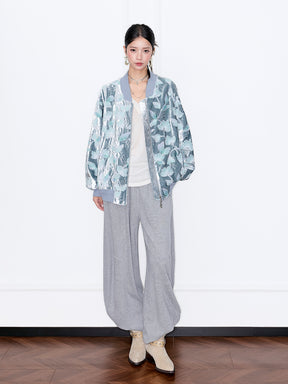 MUKZIN“Capsule Collection”Silver Gray Velvet Jacquard Baseball Jacket