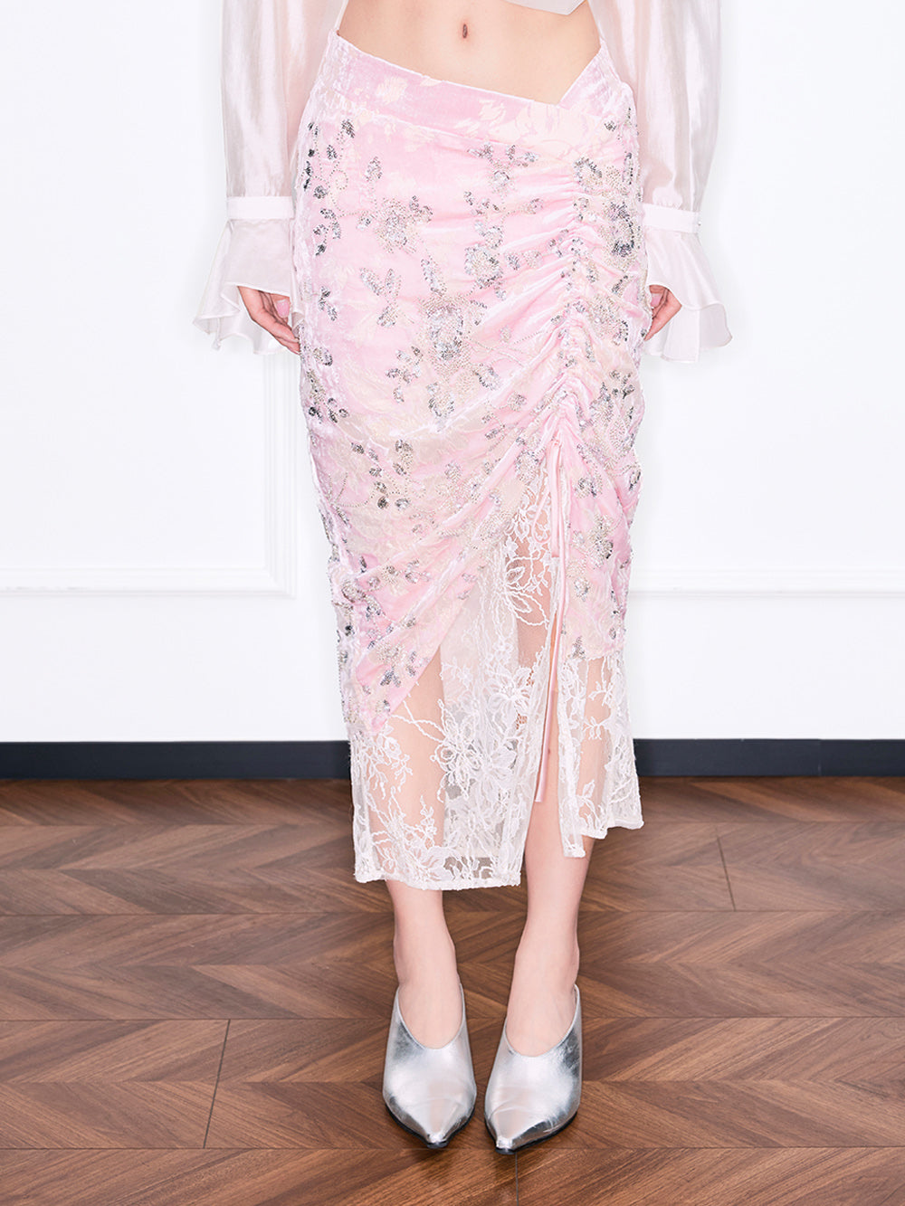 MUKZIN“Realm of Ethereal Mist”Sequin Beaded Lace Panel Pink Midi Skirt