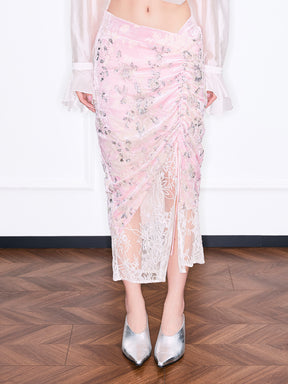 MUKZIN“Realm of Ethereal Mist”Sequin Beaded Lace Panel Pink Midi Skirt