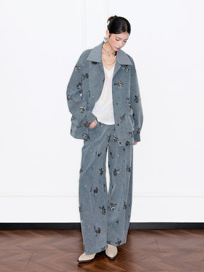 MUKZIN“Capsule Collection”Gray Rhinestone Embellished Oversized Heavy-Duty Wide-Leg Pants
