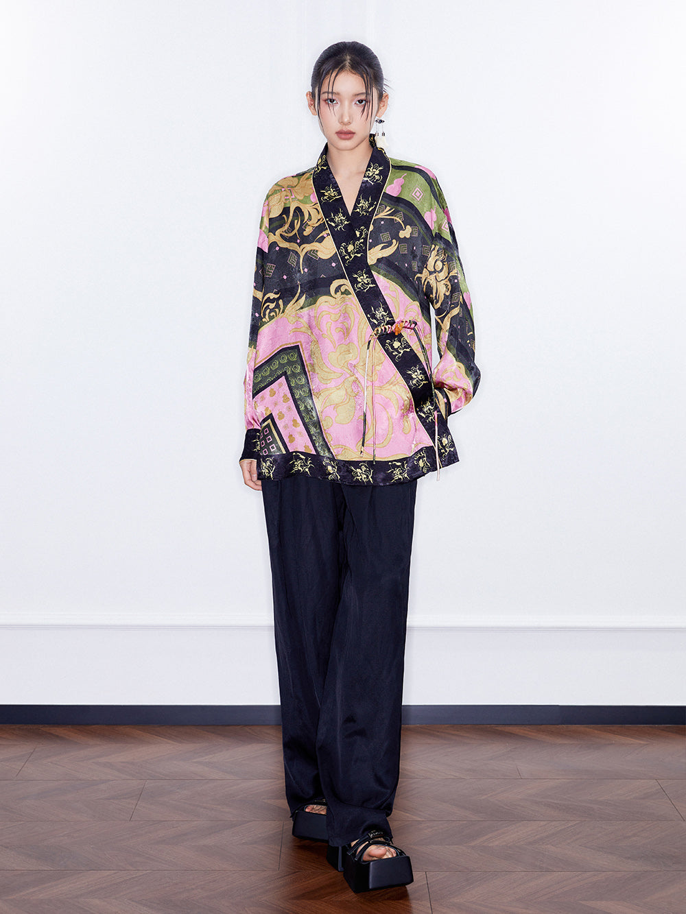 MUKZIN  Spring Prelude"Fu Su" Chinese-style Retro Loose Cross-collar Printed Shirt