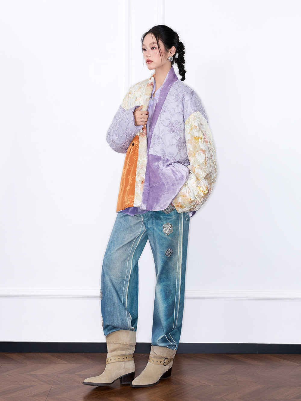 MUKZIN¡°Capsule Collection¡±Patchwork Oriental Puffer Jacket | Floral Embroidered Velvet & Jacquard Mixed Media Wrap Coat