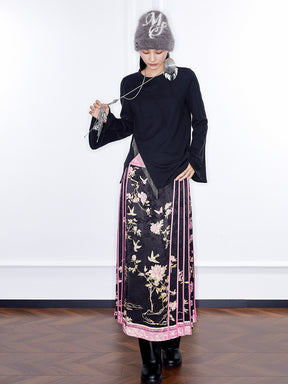 MUKZIN  Linglong “Abundant Flowers”Straight-Leg Pleated Skirt.