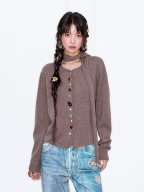 MUKZIN“The Sequence of Deer's Call”Coffee Color Halter Collar Colorful Button Decor Knit Cardigan