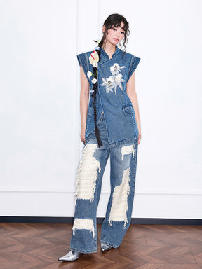 MUKZIN“Realm of Ethereal Mist”Chinese - style Frog Button Denim Vest with Sequin Floral Decoration