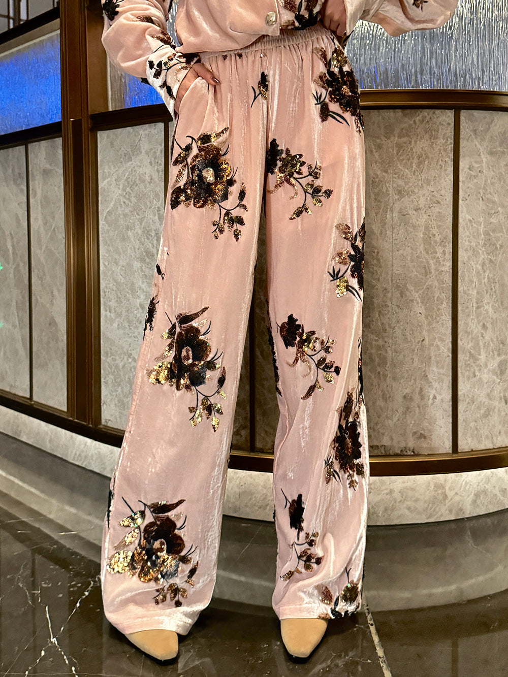 MUKZIN“Capsule Collection”Pink Floral Print Velvet Wide-Leg Pants | Oriental High-Waist Loose Trousers