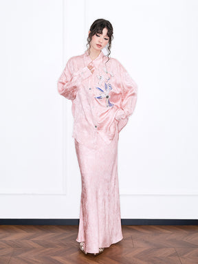 MUKZIN“Realm of Ethereal Mist”National Style Pink Jacquard Satin High-slit Slim Long Midi Skirt