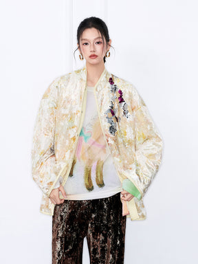 MUKZIN“The Sequence of Deer's Call”Gilt Texture Patchwork Sequin Decor Stand-Collar Coat