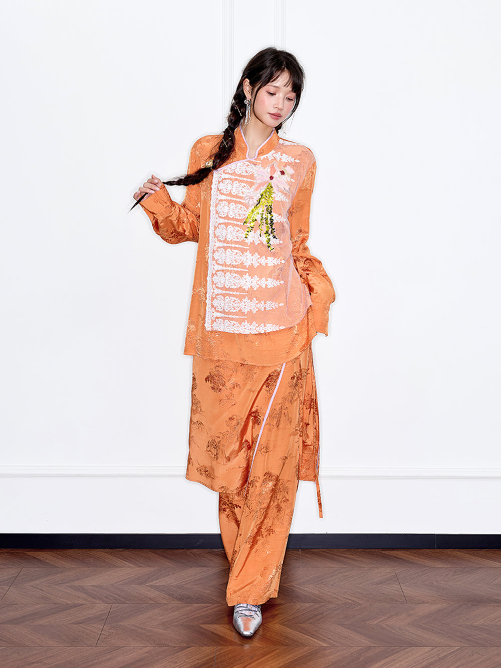 MUKZIN“Capsule Collection”Caramel/Light Blue Jacquard Lace Sequin Chinese-Style Top