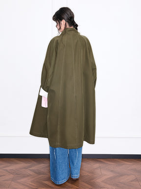 MUKZIN“Realm of Ethereal Mist”Olive Green Long Trench Coat with Floral Appliqué