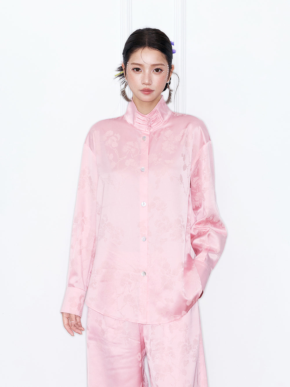 MUKZIN“Capsule Collection”New Chinese Style Light Pink/Black Jacquard Loose Shirt