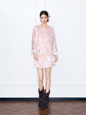 MUKZIN“Night Ballad of Chang'an”New Chinese Style Pink Jacquard Satin Blouse, Loose & Slim-Fit Traditional Chinese Long Sleeve Shirt