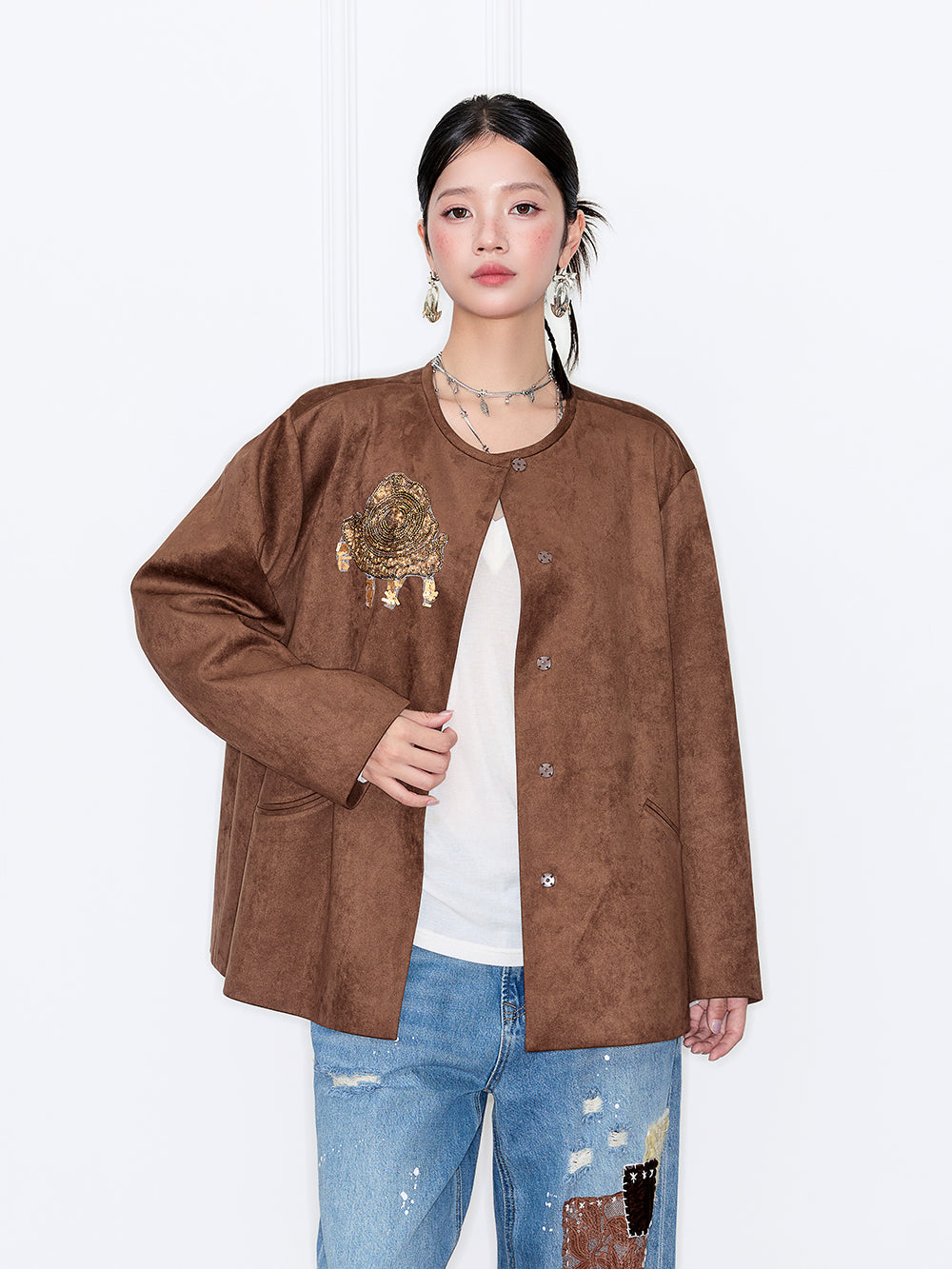 MUKZIN“Capsule Collection”Brown Suede-like Round Neck Jacket with Embroidered Accents - Loose Fit