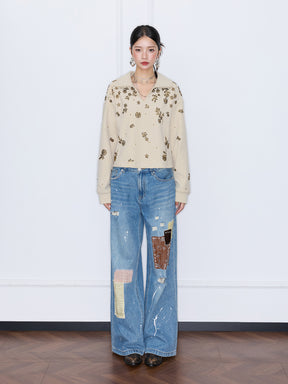 MUKZIN“Capsule Collection”Beige Collared Short Cropped Sweatshirt with Gold Sequin Floral Print