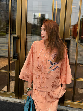 MUKZIN“Capsule Collection”Jacquard Embroidered Three - Quarter Sleeve Loose Chinese - style Shirt with Retro Chinese Buttons