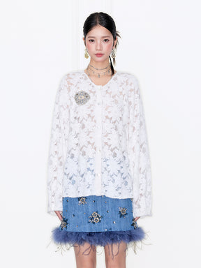MUKZIN“Capsule Collection”White Lace Puff-Sleeve Cardigan