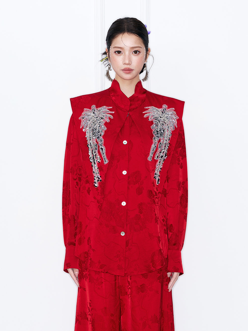 MUKZIN“Capsule Collection”Red Jacquard Oriental Cloud Shoulder Cape | Sequin & Beaded Embellished Detachable Collar