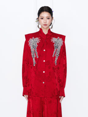 MUKZIN“Capsule Collection”Red Jacquard Oriental Cloud Shoulder Cape | Sequin & Beaded Embellished Detachable Collar