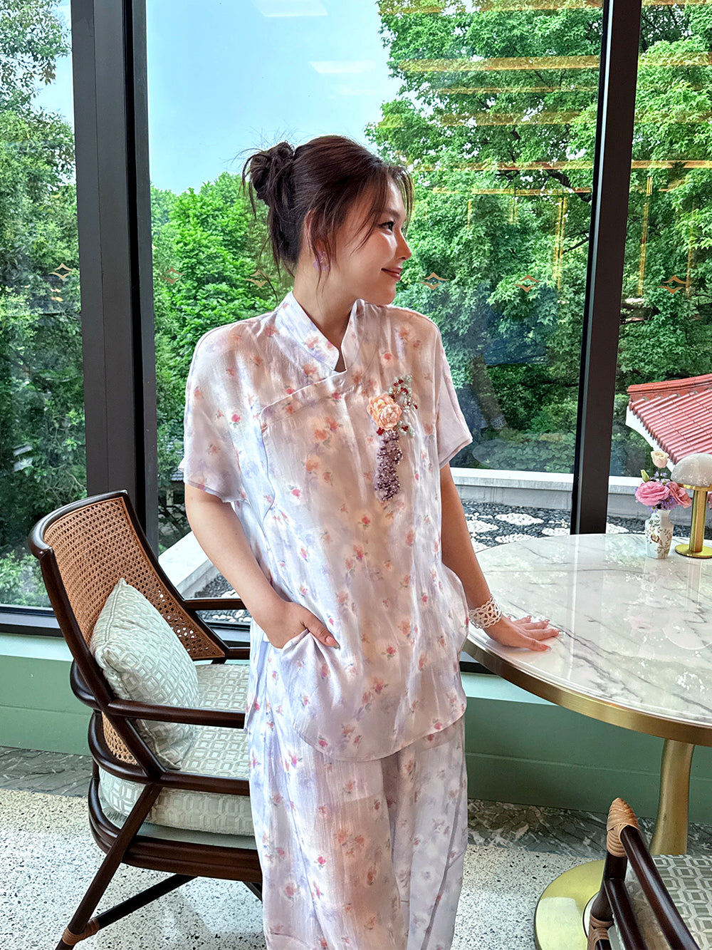 MUKZIN×Capsule Collection Modern Chinese Floral Shirt Set with ICH Hami Hand Embroidery