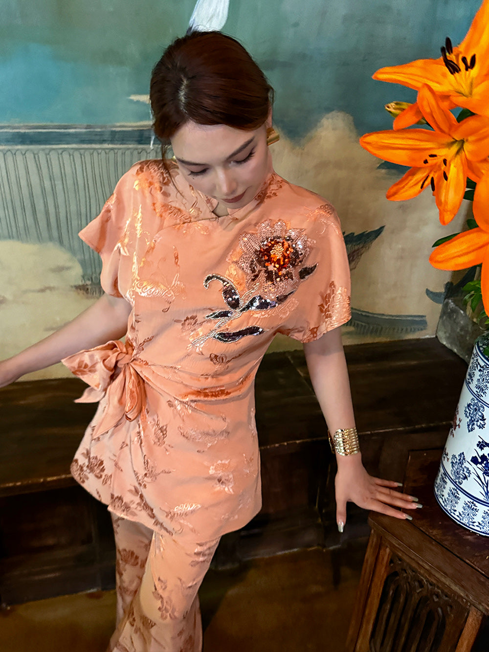 MUKZIN“Capsule Collection”Light Blue Chinese - style Frog Button Floral Embroidered Waist - cinching Top