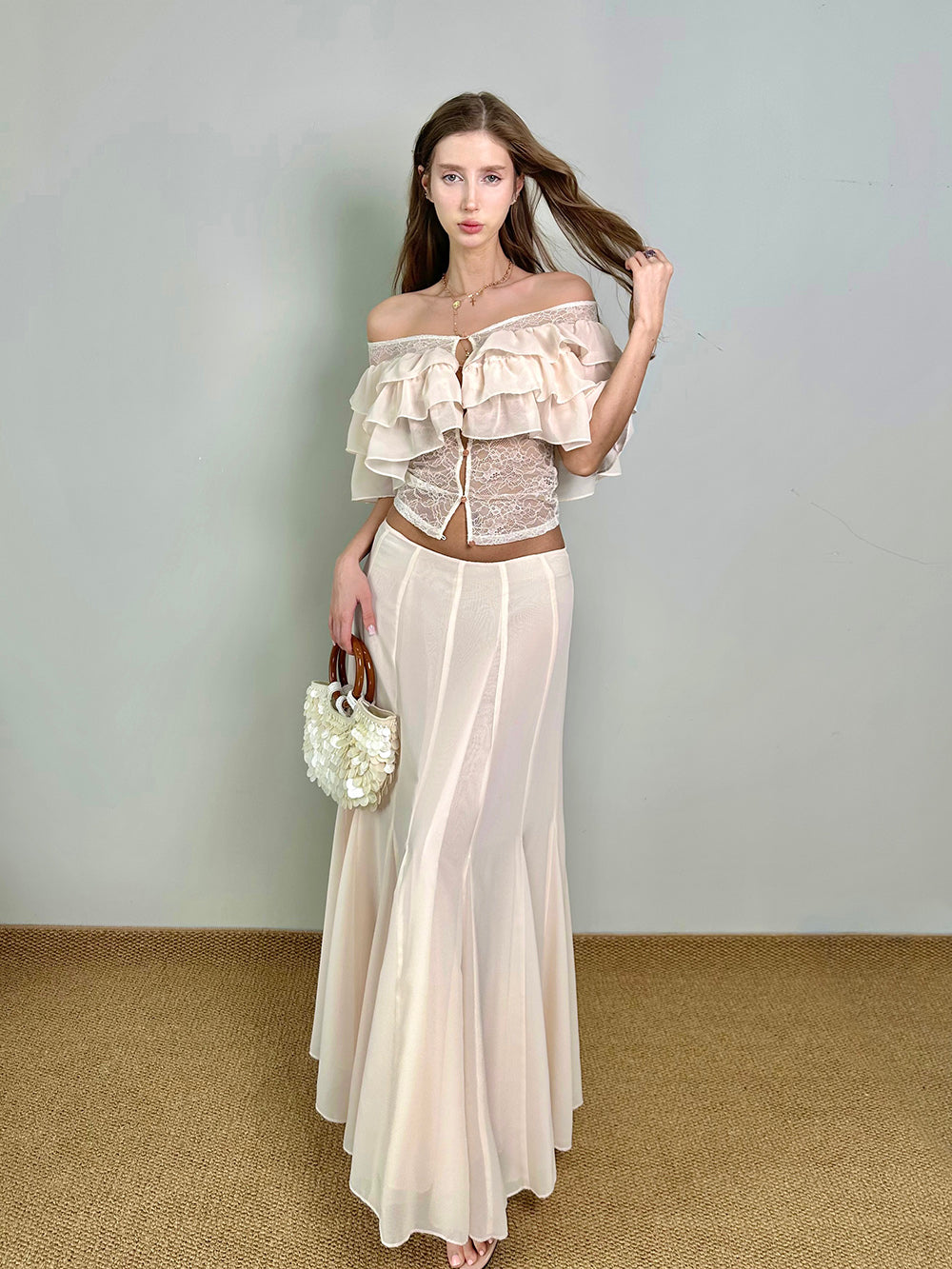 MUKTANK×Jqwention Ruffle Off Shoulder Slim Dress Two Piece Top