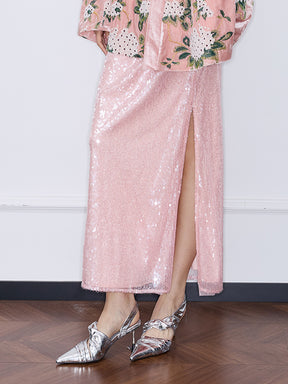 MUKZIN“Capsule Collection”Light Pink Sequin High Waist Slimming Maxi Skirt