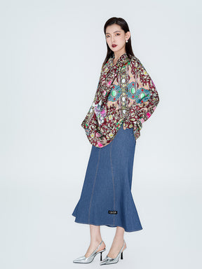 MUKZIN Linglong "Yanxi" Silhouette Swing Collar Satin Shirt