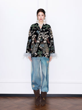 MUKZIN“Capsule Collection”"New Chinese Style Heavy Embroidery Velvet Padded Jacket with Feather Cuffs