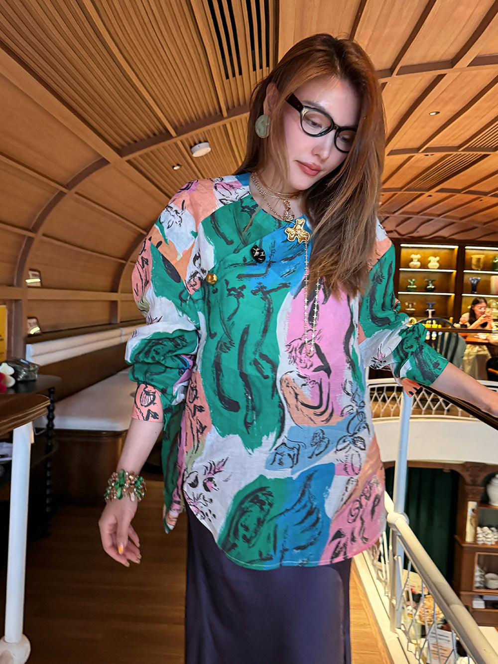 MUKZIN“Capsule Collection”Ink Wash Blue-Green Chiffon Shirt