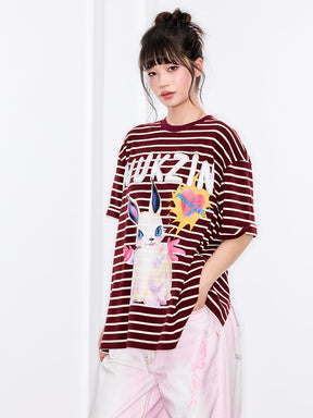 MUKZIN "Ode to the New Summer" Burgundy Striped Cute Rabbit T - shirt