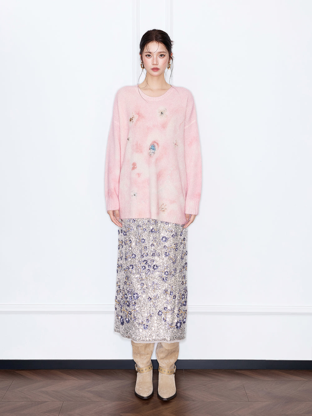 MUKZIN“The Sequence of Deer's Call”Pink/Green Halo Tie-Dye Distressed Decor Oversized Fuzzy Knit Sweater