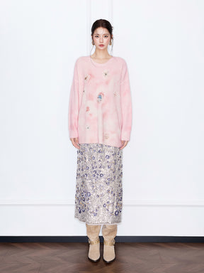 MUKZIN“The Sequence of Deer's Call”Pink/Green Halo Tie-Dye Distressed Decor Oversized Fuzzy Knit Sweater