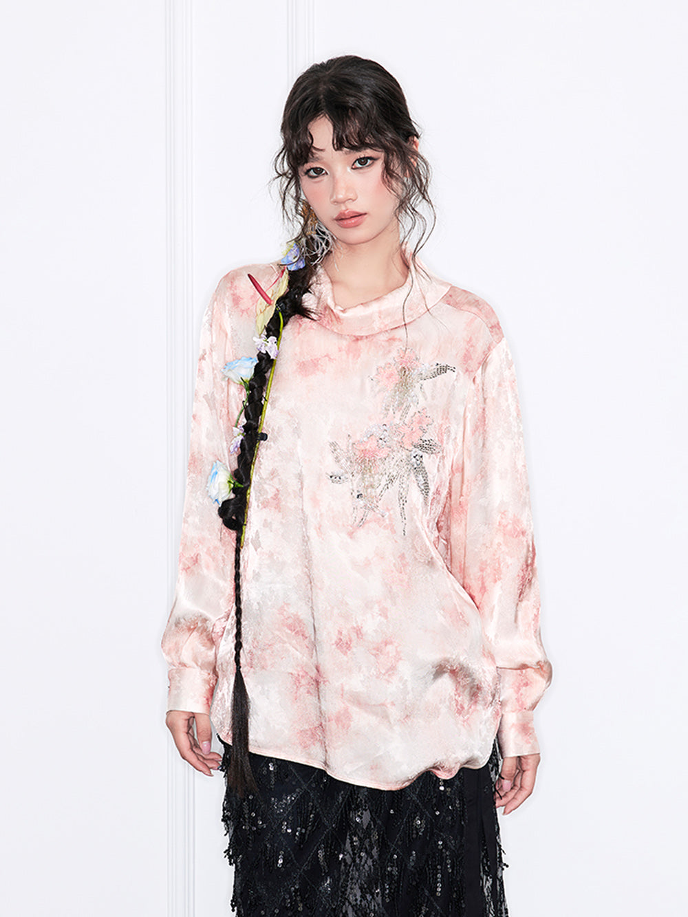 MUKZIN“Realm of Ethereal Mist”European-American Style Silky Draping Pink Gradient Long-Sleeve Shirt with Rhinestones & Slouchy Collar