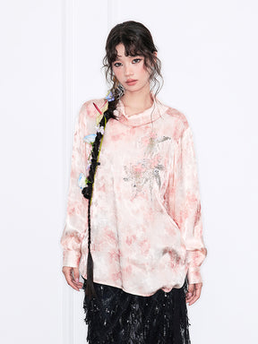 MUKZIN“Realm of Ethereal Mist”European-American Style Silky Draping Pink Gradient Long-Sleeve Shirt with Rhinestones & Slouchy Collar