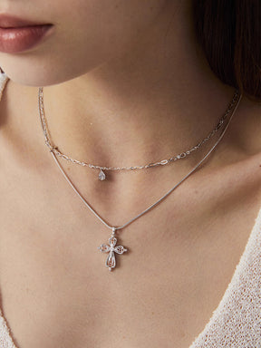 MUKTANK×SUN HUNTER Lace cross double-layer teardrop necklace