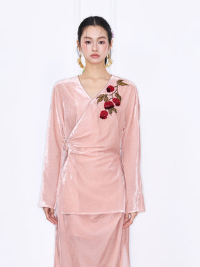 MUKZIN“Capsule Collection”Velvet Wrap Top with Red Floral Embroidery