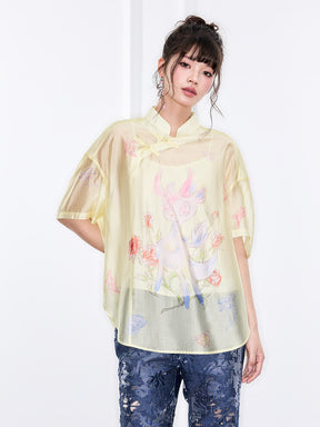 Mukzin "Ode To The New Summer"New Chinese-Style Shirt With Frog Buttons At The Collar And Printed Patterns