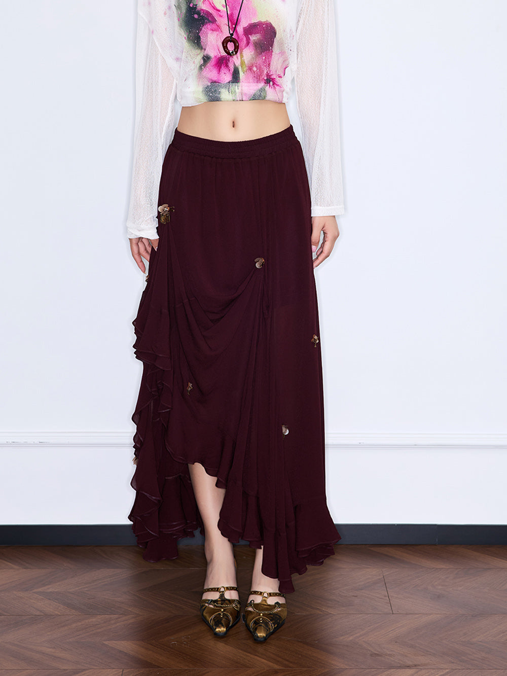 MUKZIN“Realm of Ethereal Mist”Burgundy irregular midi skirt