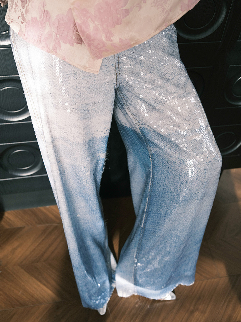 MUKZIN“Capsule Collection”Gradient Blue Sequin Loose Wide-Leg Pants